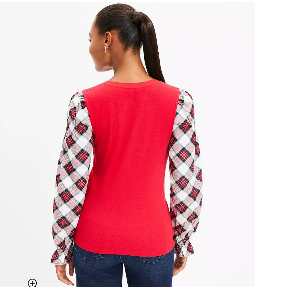 NWT LOFT plaid blouse top red Henley holiday long sleeve large women's - Picture 3 of 9